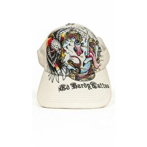 Ed Hardy "Eagle, Skull, Snake" Embroidered Trucker Snap-back Hat Cream.
